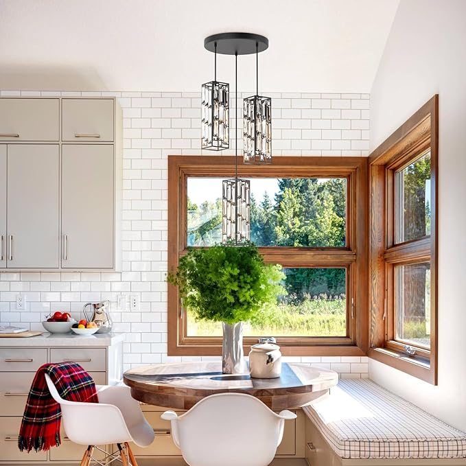 3-Light Black Pendant Lights Modern Pendant Light Fixture, Mini Crystal Pendant Ceiling Light, Pendant Light for Kitchen Island, Dinning Room, Bedroom, Kitchen Sink Lighting (3 Lights)