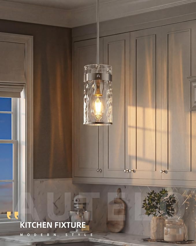AUTELO Glass Pendant Light, Brushed Nickel 1-Light Island Pendant Lights for Kitchen with Hammered Glass, Modern Hanging Lamp with Adjustable Rods for Dining Room Bedroom Kitchen Sink, H-2529 HMST