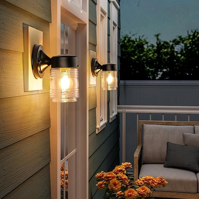 MATAMEYE Jelly Jar Outdoor Wall Lantern, Black Exterior Waterproof Wall Mount Lighting Fixture, Anti-Rust Front Door Sconce with Clear Ribbed Glass, E26 Socket Lights, 2 Pack