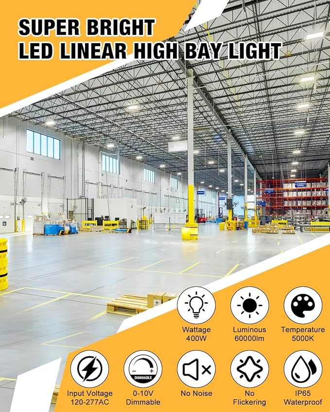 400W 4FT LED Linear High Bay Light, 60000LM Linear High Bay Shop Light 120-277V, 5000K for Warehouse, Garage Factory, UL Listed, 5 Years Warranty, 2Pack