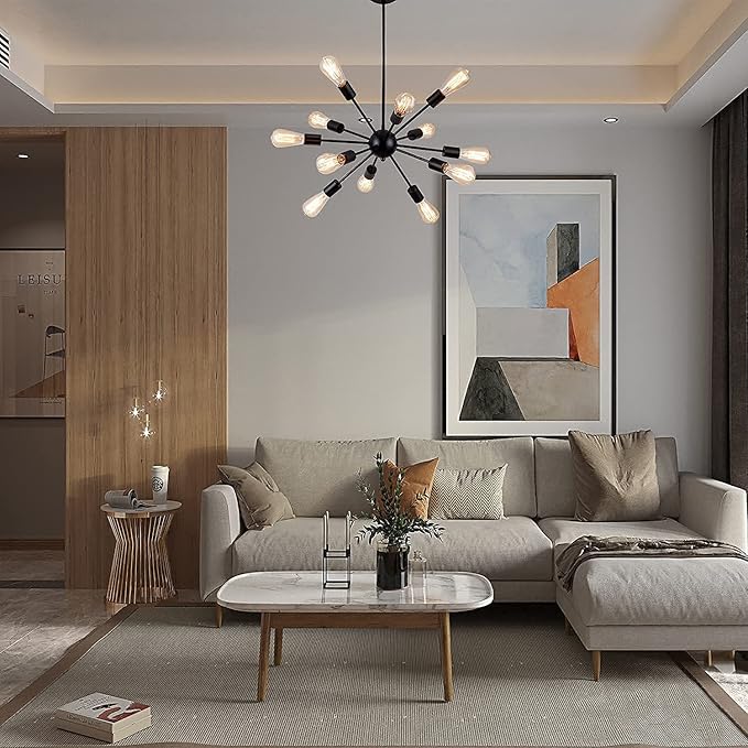 LIGHTDAMY Sputnik Chandeliers Black, Modern 12-Light Farmhouse Pendant Light Mid Century Lighting Vintage Industrial Ceiling Hanging for Living Dining Room, Bedroom, Kitchen Island, Foyer