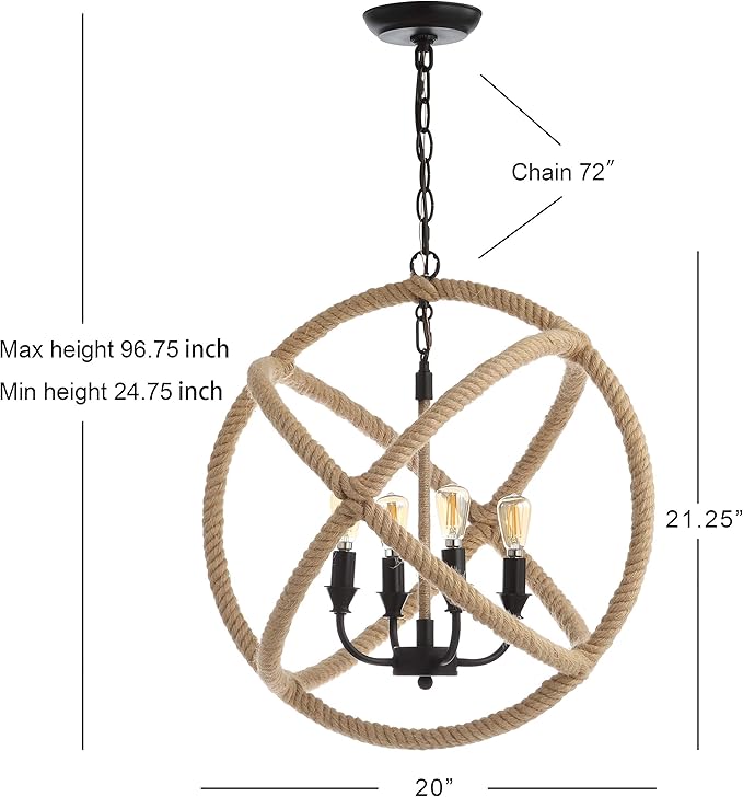 JONATHAN Y 20" Black/Brown 4-Light Iron and Rope Globe Pendant Light, Adjustable Height Coastal Farmhouse Chandelier for Kitchen Island Dining Room, LED Bulbs Included JYL9041A