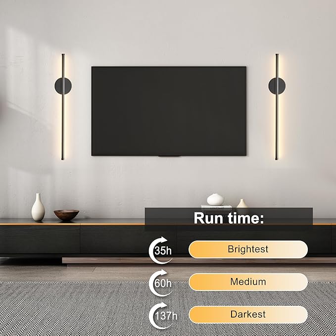 Battery Operated Modern Wall Sconces Set of Two,Rechargeable Wireless Wall Lights with Remote Control,Dimmable,3CCT,Timer,360°Rotation,Cordless Lighting for Bedroom,Living Room,Hallway,Black,23.6 Inch