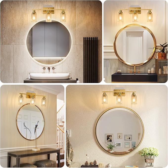 Jonsi 3 Light Brushed Gold Bathroom Vanity Lights with Fluted Glass Shade, Modern Gold Bathroom Lights Over Mirror