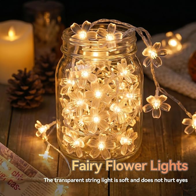 ITICdecor Flower String Lights 15 FT 30 LED Fairy Christmas Lights Battery Operated Indoor&Outdoor Twinkle Lighting Bedroom Decor for Party Wedding Xmas Tree (Warm White)