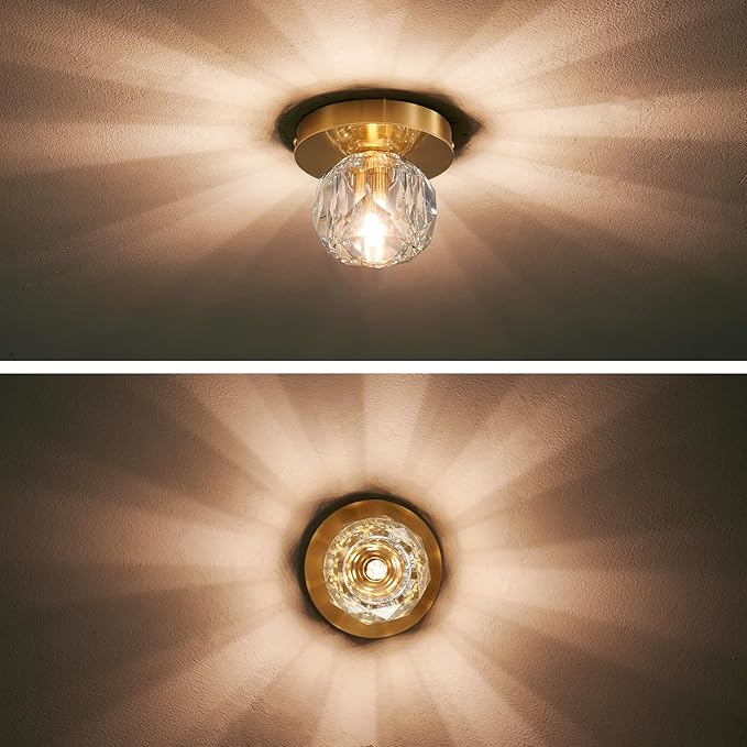 Crystal Small Chandelier Light Fixture: K9 Crystals Brass Semi Flush Mount Ceiling Lights - Gold Globe Wall Sconce - Modern Mini Chandeliers for Bedroom Hallway Bathroom Living Room Entrance Closet