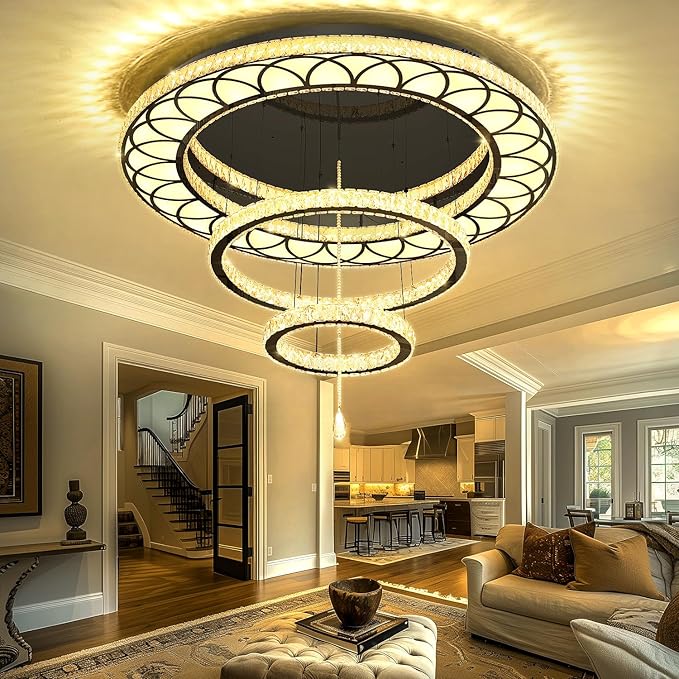 Flashing God Dia 48" Large Crystal Chandelier Modern Black Chandeliers LED Dimmable Flush Mount Chandelier Crystal Ceiling Light for Living Room Bedroom Foyer