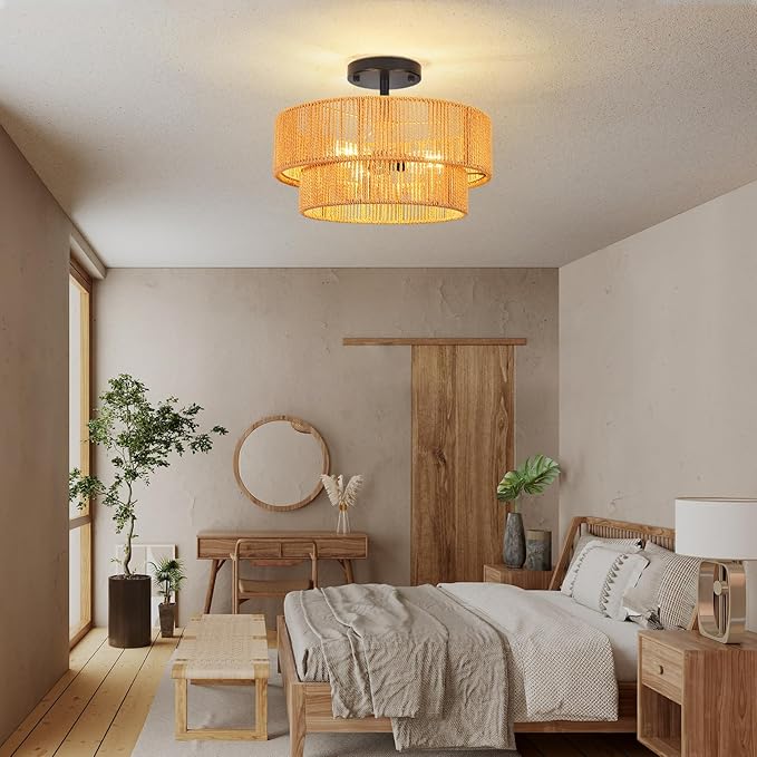 Rattan Ceiling Light Fixture Modern Boho Chandelier Flush Mount Ceiling Light 3-Lights 12.99",Boho Woven Wicker Light Fixtures for Hallway Bedroom Living Room Entryway Kitchen Island