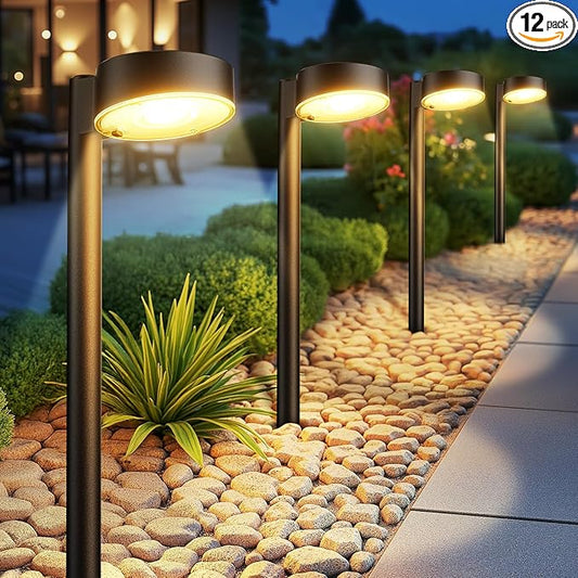 Ahaorigin 12 Pack Solar Pathway Lights Outdoor, 12 Brighter LED Solar Lights Outdoor Waterproof, Up to 12 Hrs Modern Solar Powered Path Light for Yard Garden Walkway Driveway, Warm White