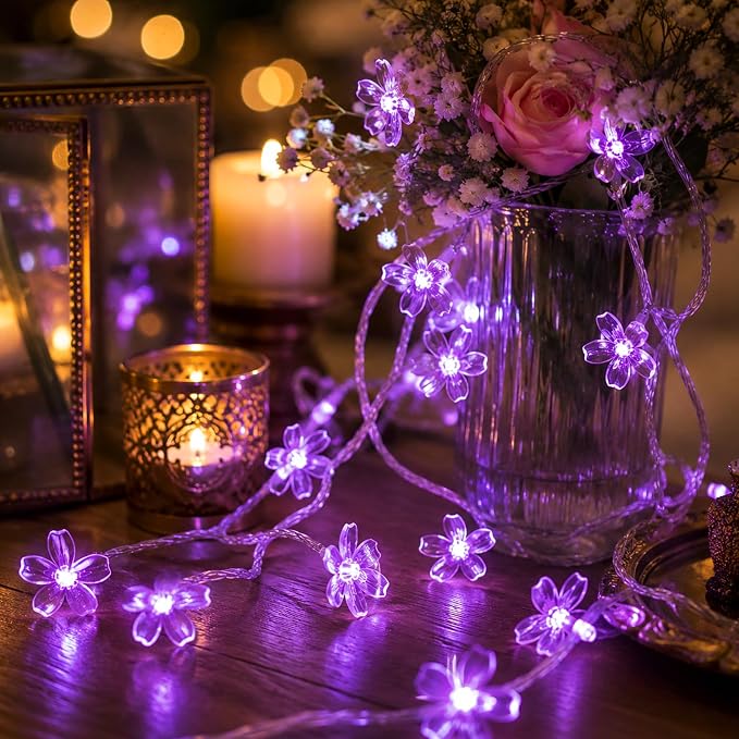 Battery/USB Operated 9.8ft 30LED Purple Cherry Blossom Flower String Lights | Cute Fairy Lights For Bedroom, Valentine'S Day, Christmas, Easter, Wedding, Party, Birthday Indoor Outdoor Romantic Decor