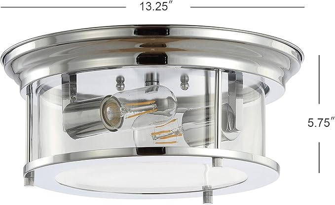 JONATHAN Y 13.25" Chrome 2-Light LED Flush Mount Ceiling Light Fixture, Modern Clear Glass Drum Shade, Industrial Farmhouse Lighting for Kitchen Hallway Bedroom (JYL7446C)