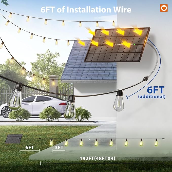addlon 198FT(192+6) Solar String Lights Outdoor Waterproof 6W Panel with USB Port & Remote Control Solar Powered Patio Lights for Outside with 68 LED Dimmable Bulbs for Porch Garden Deck Halloween