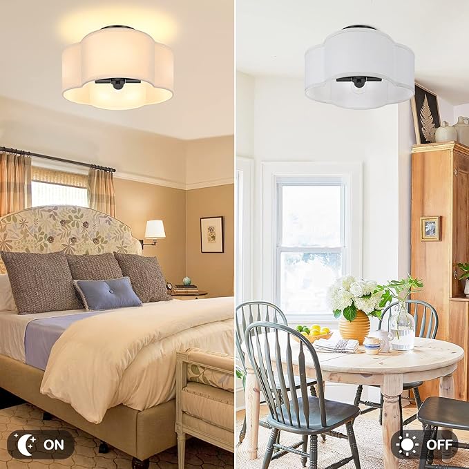 4-Light 14.4'' Semi Flush Mount Ceiling Light Fixture, Black Modern Close to Ceiling Lamp with White Fabric Shade, Farmhouse Bright Lighting for Nursery Kids Room Bedroom Hallway Entryway