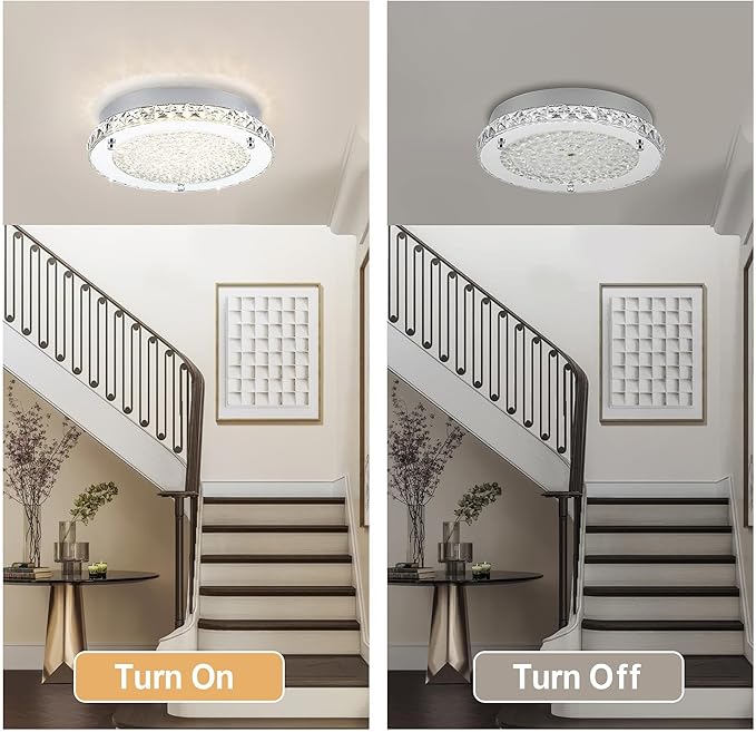 Flush Mount Ceiling Light LED Crystal Ceiling Light Fixture Modern 13 Inch Kitchen Lighting Fixtures Ceiling for Bedroom, Hallway, Porch, Dimmable and 3 Color Change