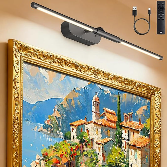 Glendan Wireless Picture Light for Wall: 24" Rechargeable Art Light with Remote & Timer, 8000mAh Battery Operated Poster Lights, 3 Color Modes & 3 Brightness Levels for Pictures, Gallery, Frame