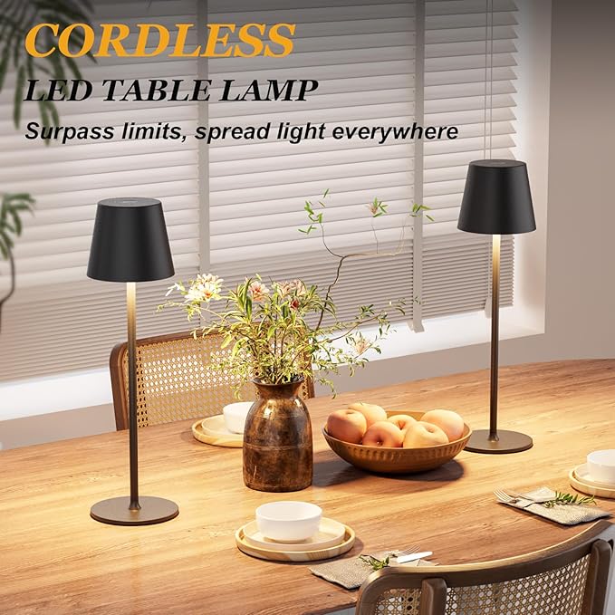 Kakanuo 20" Cordless Table Lamp Rechargeable Black - 2 Pack 5000mAH Battery Operated Lamp for Counter, 3 Color Stepless Dimming Wireless Lamp for Dining Kitchen, Outdoor Patio, Touch Control