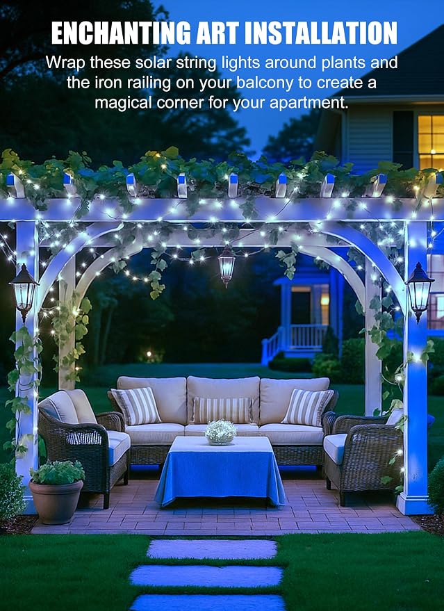 Solar Fairy Lights,33Ft 100 LED Solar String Lights with 8 Modes Pure White | IP65 Waterproof Solar Twinkle Lights Outdoor & Indoor, Patio Lights for Tree Garden Party Wedding Christmas Decoration