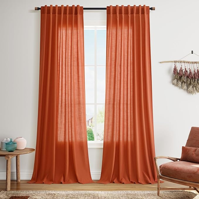 Nanspring Bright Orange Linen Blend Light Filtering Back Tab Curtains 108 Inches Long, Semi Sheer Privacy Drapes for Living Room & Bedroom, 52x108 inch, 2 Panels