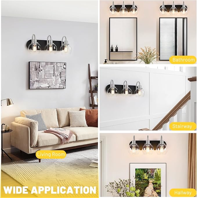 Dpyrrhic Modern 3-Light Vanity Light, Bathroom Lighting Fixture Over Mirror With Clear Glass Shade and Metal Base, Matte Black and Brushed Nickel
