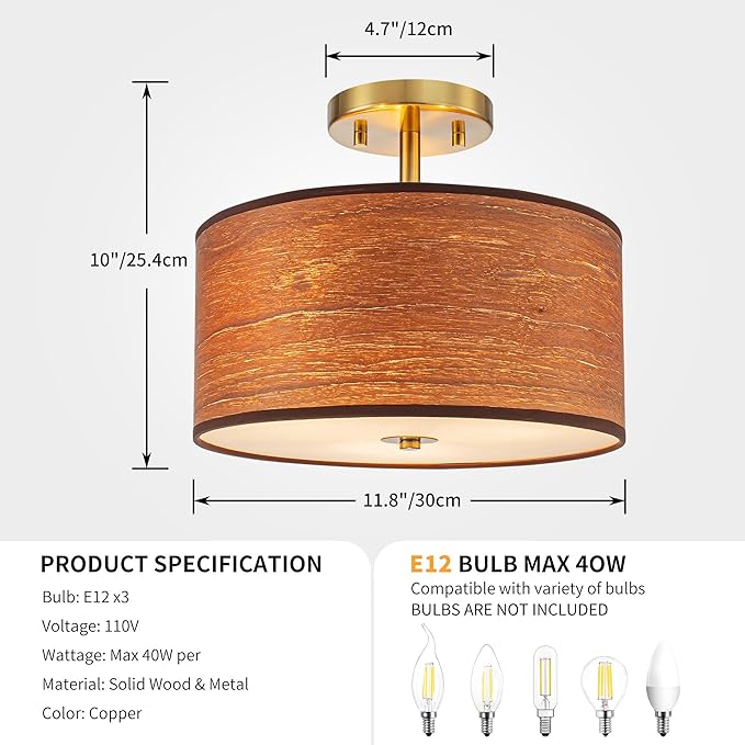 3-Light Solid Wood Drum Ceiling Lights, Farmhouse Style Semi-Flushmount Light Fixture for Dining Room, Living Room, Bedroom, D12 * H10 inch, Solid Wood Lampshade & Gold Finish