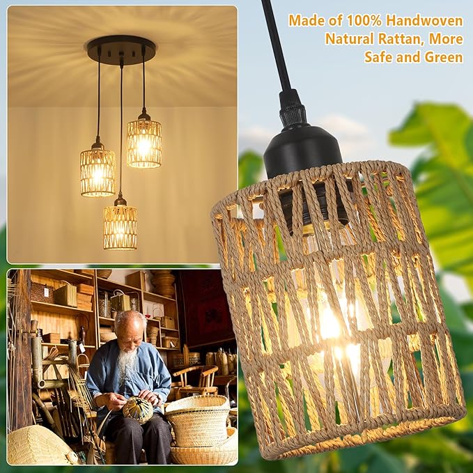 LAMSU 3 Lights Rattan Pendant Light, Farmhouse Dining Room Light Fixtures Ceiling Hanging, Boho Pendant Lighting with Hand Woven Wicker Shades for Kitchen Island Living Room Bedroom Foyer Hallway