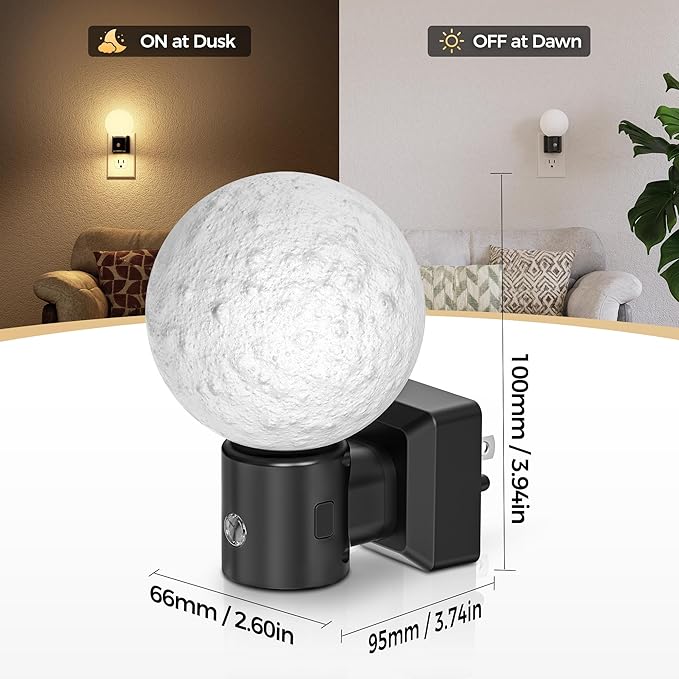 DORESshop Moon Night Light, Night Lights Plug into Wall, Dusk-to-Dawn Sensor, 3D Design 3000K Soft White, Dimmable Nightlights Indoor for Bathroom, Bedroom, Hallway, Stairs