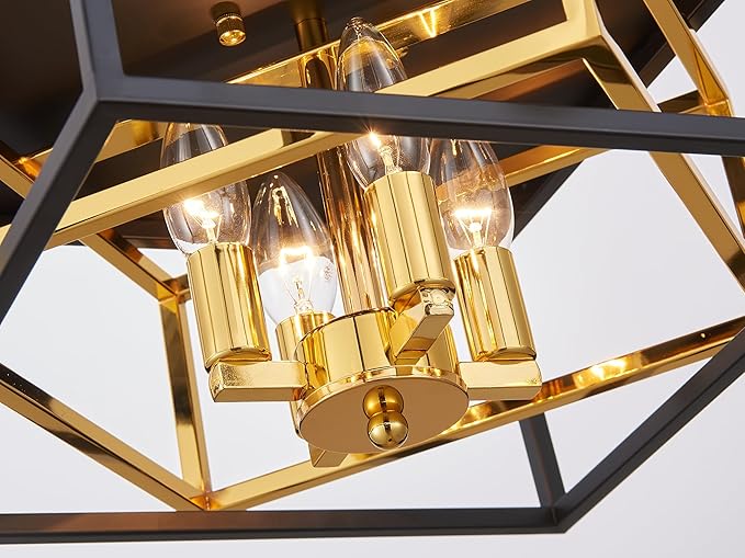 Square Ceiling Light, 4-Light Flushmount Modern Close to Ceiling Light Fixture for Living Room, Bedroom, Dining Room, L13 x W13 x H7 inch, Black & Gold Finish Frame
