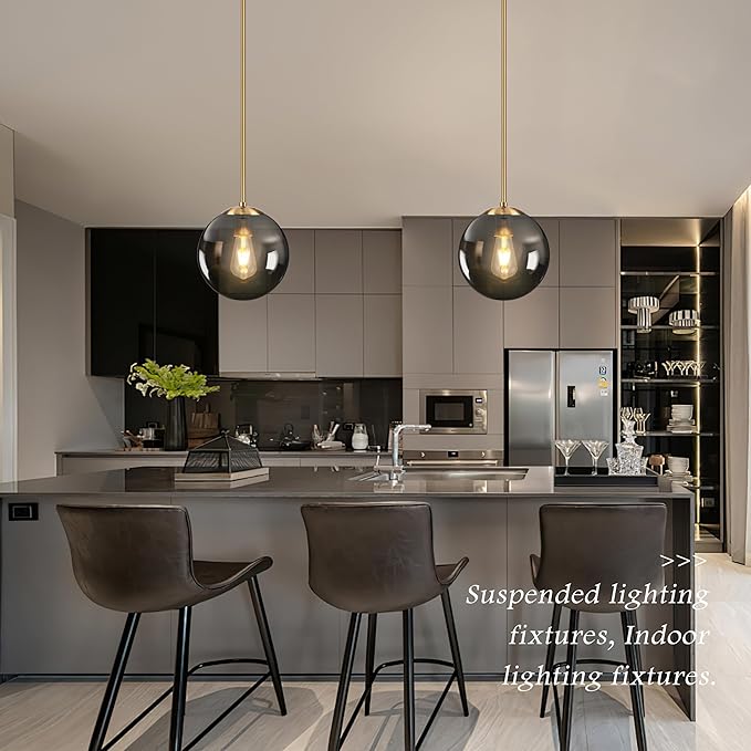 Bagood 10 Inch Globe Pendant Light Gold Globe Pendant Lights Kitchen Island Mid Century Light Fixture with Gray Clear Glass Contemporary Adjustable Hanging Lights for Dining Room (Bulb Included)