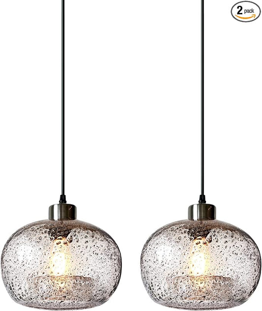 CASAMOTION Pendant Lights Kitchen Island,Clear Seeded Glass with Black Sand Powder,Modern Farmhouse Ceiling Hanging Lighting Fixtures,Dining Room Table Bedroom Oval Globe 8.7 Inch Diam 2 Pack