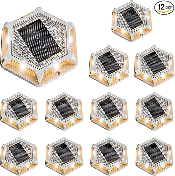 VOLISUN Solar Driveway Lights Dock Outdoor Waterproof Marker Lights,12 Pack Solar Deck Lights 2 Colors in 1 Led Wireless IP67,Solar Deck Lights for Sidewalk Pathway Yard(White/Warm White),Auto On/Off