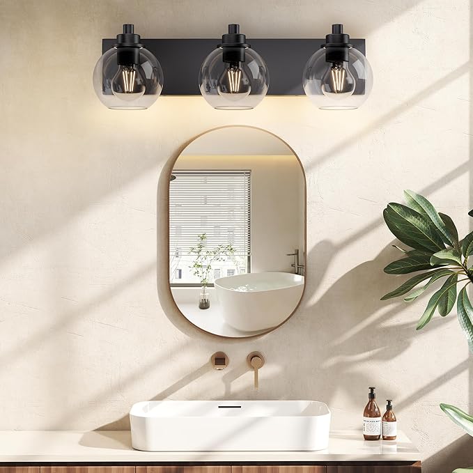 Espird Bathroom Light Fixtures-Matte Black Vanity Lights for Bathroom, Modern Black Vanity Lights 3-Light Bathrooms Lighting Fixtures Over Mirror with Clear Glass Shade