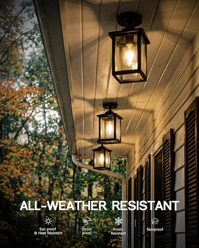 FEMILA Dusk to Dawn Porch Ceiling Lights Outdoor, 13" Matte Black Semi-Flush Mount Ceiling Lights, E26, for Entryway, Hallway, Garage, Kitchen, ETL Listed, 4FYX88F SE BK