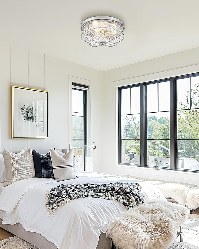15 Inch Ceiling Light Fixtures, HWH 3-Light Modern Flush Mount Light with Brushed Nickel Finish, Water Ripple Hammered Glass Ceiling Lights for Kitchen Hallway Foyer, 5HTJ102WG-F BN