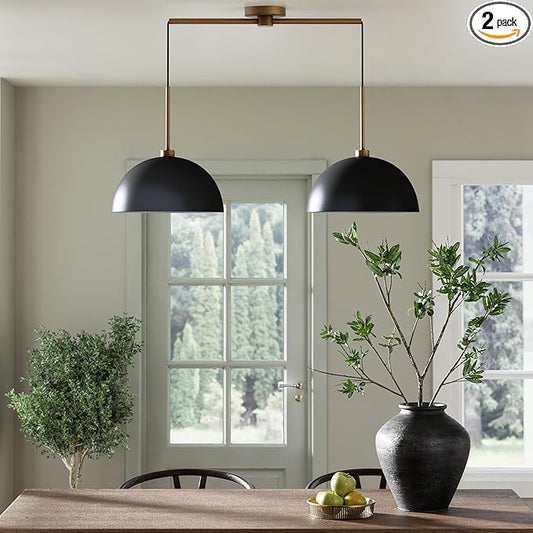Nathan James Percy Modern 2-Light Pendant Island Light Fixture, Hanging Lights with Metal Shade and Adjustable Cord, for Kitchen, Living Room, Black/Vintage Brass, Set of 2