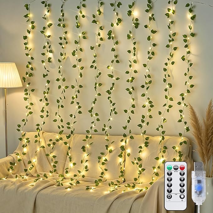 JMEXSUSS Vines Lights for Bedroom, 200 LED Vines Fairy Lights, Artificial Pothos Leaf Light for Wall Curtain Wedding Party Christmas Indoor Decor, 6.5ft x 6.5ft with Remote