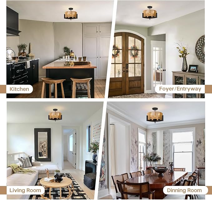 Boho Light Fixture,13.6'' Rattan Ceiling Lights,3-Light Coastal Semi Flush Mount Ceiling Light Fixture,Farmhouse Chandelier, Nursery Light Fixtures,Flush Mount Lights for Bedroom Entryway