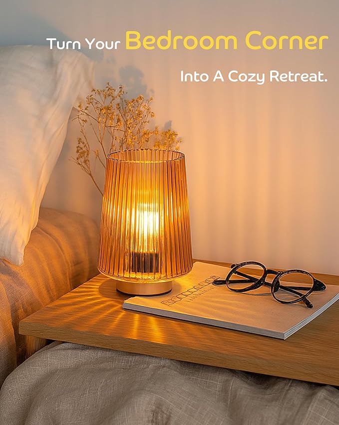 Battery Operated Lamp with Timer, Set of 2 Small Cozy Table Lamp Decorative Ambient Glass Lamp for Bedside & Home Decor, Aesthetic Cordless Battery Powered Accent Lamp for Living Room Shelf, Amber
