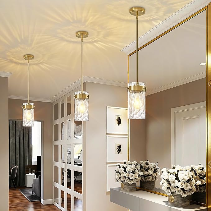 4.72" Hammered Glass Pendant Lighting for Kitchen Island 1 Pack, Modern Brushed Gold Pendant Light Fixtures, Adjustable Ceiling Pendant Light for Kitchen Island Dining Room Bedroom Hallway