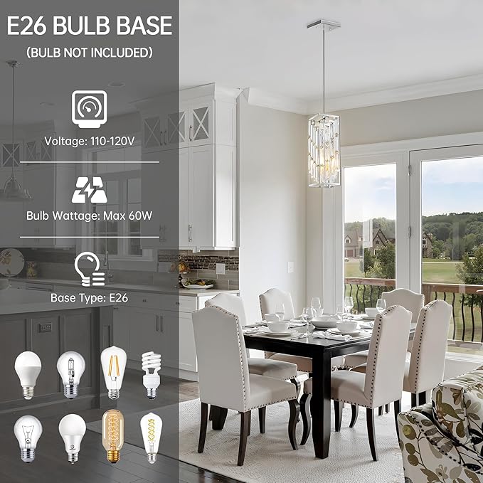 Chrome Pendant Lights Kitchen Island 1 Pack, Mini Crystal Chandeliers, Modern Pendant Lights Ceiling Lighting Fixtures for Kitchen Island, Dinning Room, Bedroom