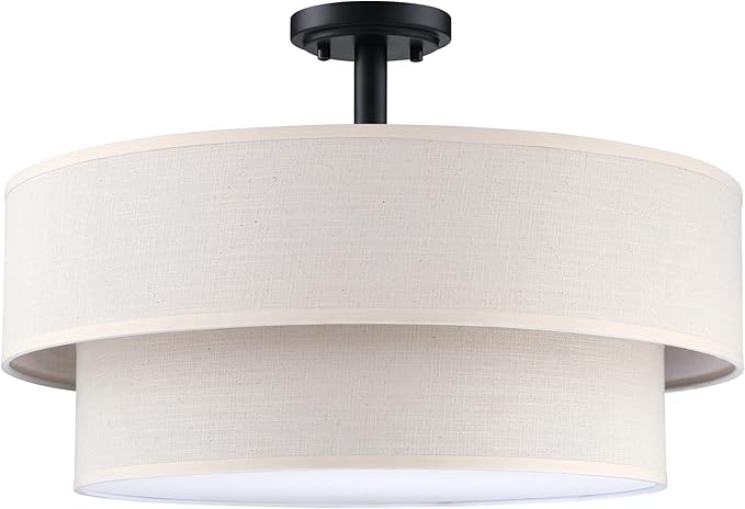 4 Light 18 Inch Semi Flush Mount Close to Ceiling Light Fixture,Cream Linen Fabric Shade Black Finish for Bedroom,Living Room,Dining Room Hallway