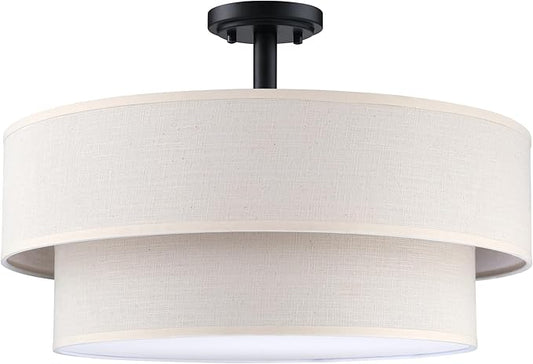 4 Light 18 Inch Semi Flush Mount Close to Ceiling Light Fixture,Cream Linen Fabric Shade Black Finish for Bedroom,Living Room,Dining Room Hallway