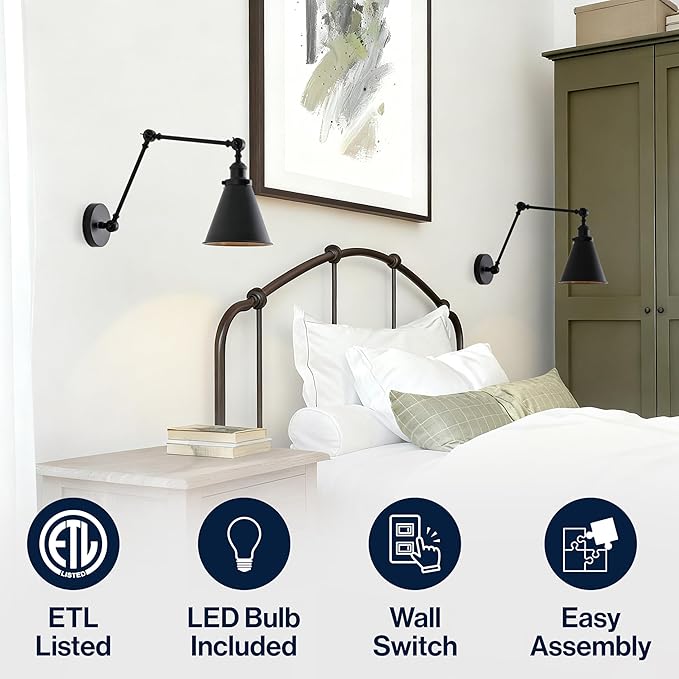 JONATHAN Y 7" Black Classic Industrial Metal Adjustable Arm LED Wall Sconce for Bedside Reading, Farmhouse Swing Arm Wall Lamp with Metal Shade, Hardwired (JYL7462E-SET2)