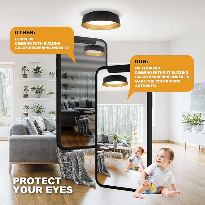 12.5 Inch LED Flush Mount Ceiling Light Fixture, 26W, Super Bright 1350 Lumen, 3 Color 3000K/4000K/5000K, Matt Black with Gold Inside, Dimmable Ceiling Lamp for Bedroom Hallway Bathroom Outdoor