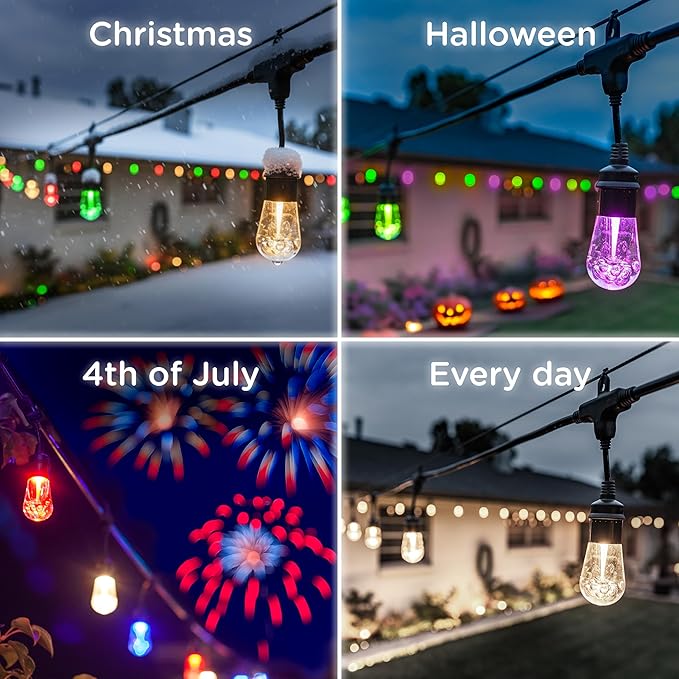 Enbrighten Vibe Vintagе Outdoor String Lights 2, 24ft, 12 RGBWIC Shatterрroof Acrylic Bulbs, Waterрroof, Patiо, Backyard, Gamеday, Holiday, Smart App, Works with Alеxa, Google Home, 86127