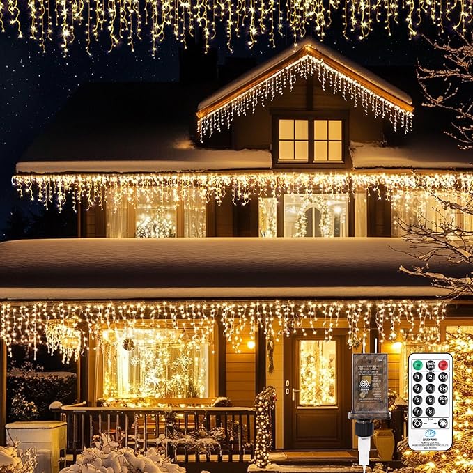 Icicle LED Christmas Lights Outdoor, 624 LED 59FT 8 Modes with 96 Drops Warm White Icicle Lights,Outdoor Indoor Fairy String Lights for Christmas Party,Holiday,Wedding Decorations