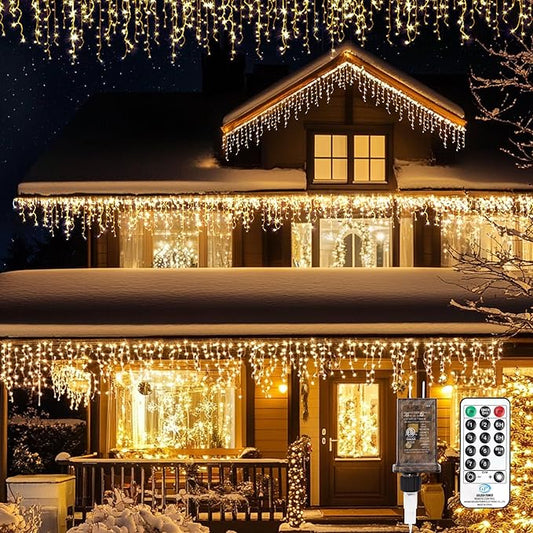 Icicle LED Christmas Lights Outdoor, 624 LED 59FT 8 Modes with 96 Drops Warm White Icicle Lights,Outdoor Indoor Fairy String Lights for Christmas Party,Holiday,Wedding Decorations