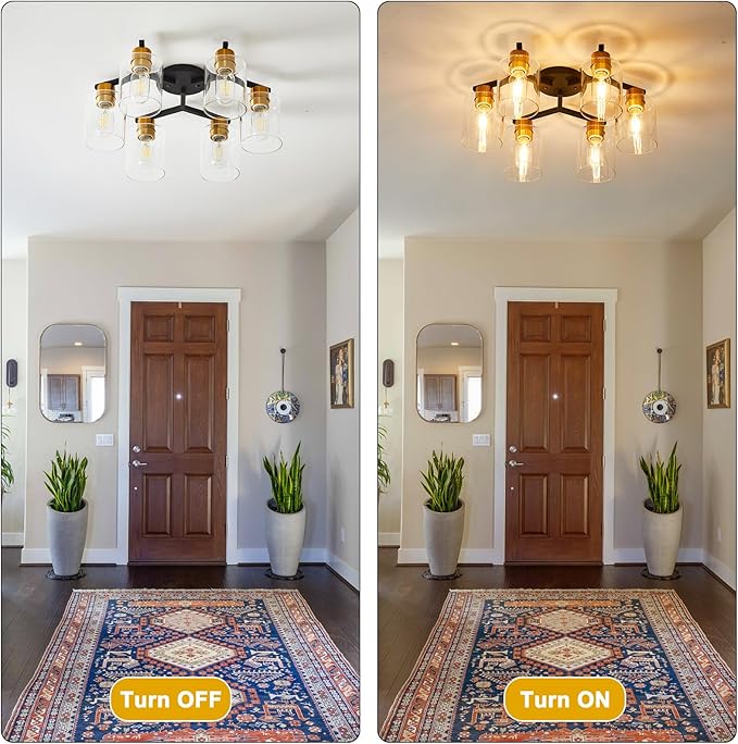 Black and Gold Semi Flush Mount Ceiling Light, 6 Light Vintage Kitchen Ceiling Lighting Fixtures, Large Ceiling Light Fixtures with Clear Glass Shade for Hallway, Living Room, Bedroom, Farmhouse