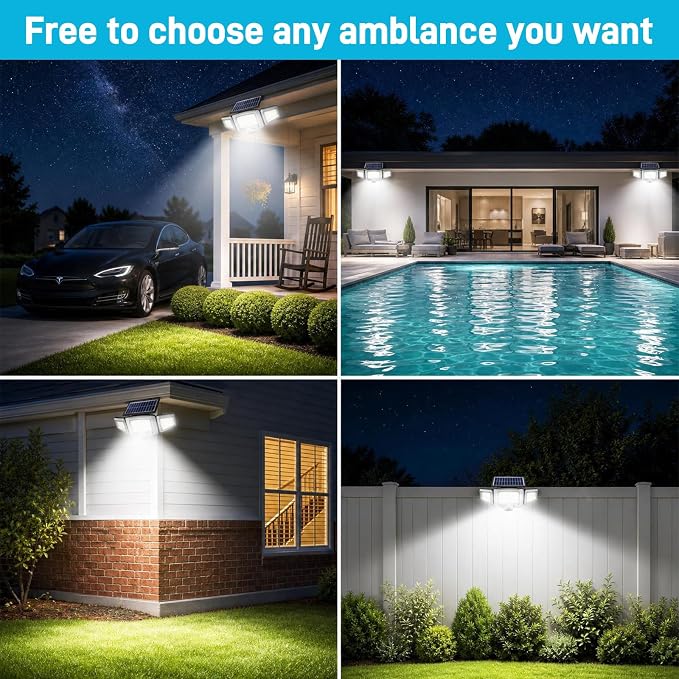 Solar Flood Lights Outdoor, 231 LEDs Clip-on Motion Sensor Lights 2000LM , 3 Heads Security Light with 360° Wide Angle,IP65 Waterproof Flood Wall Light with 3 Modes for Backyard,Patio,Garage(1 PACK)