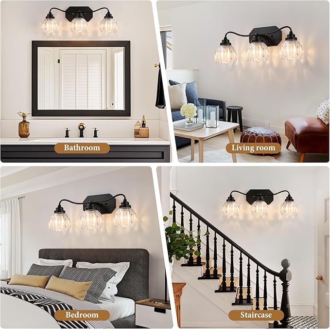 Vintage Bathroom Light Fixtures, 3 Light Bathroom Vanity Light, Black Matte Antique Brass Finish with Crystal Glass Shade, Mid Century Wall Sconces for Bedroom, Living Room, Hallway