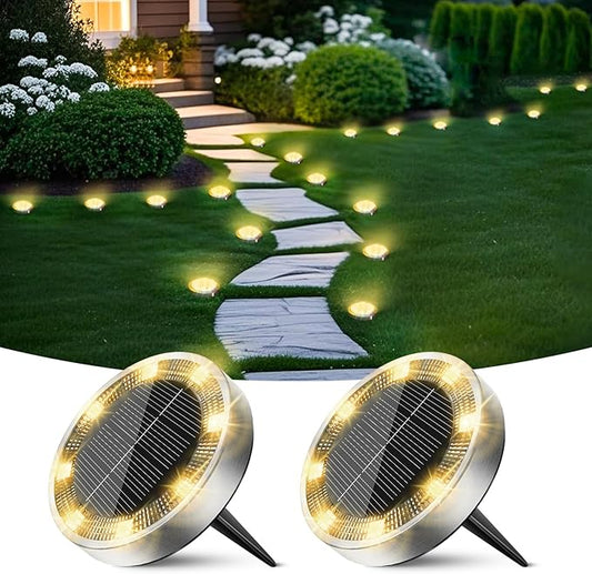 Peasur Solar Ground Lights Outdoor, 2 Pack Flat Solar Powered Disc Lights, IP68 Waterproof, Anti-Rust, Landscape Lighting for Pathway Garden Yard Lawn Walkway Landscape Driveway, Mini, Warm White